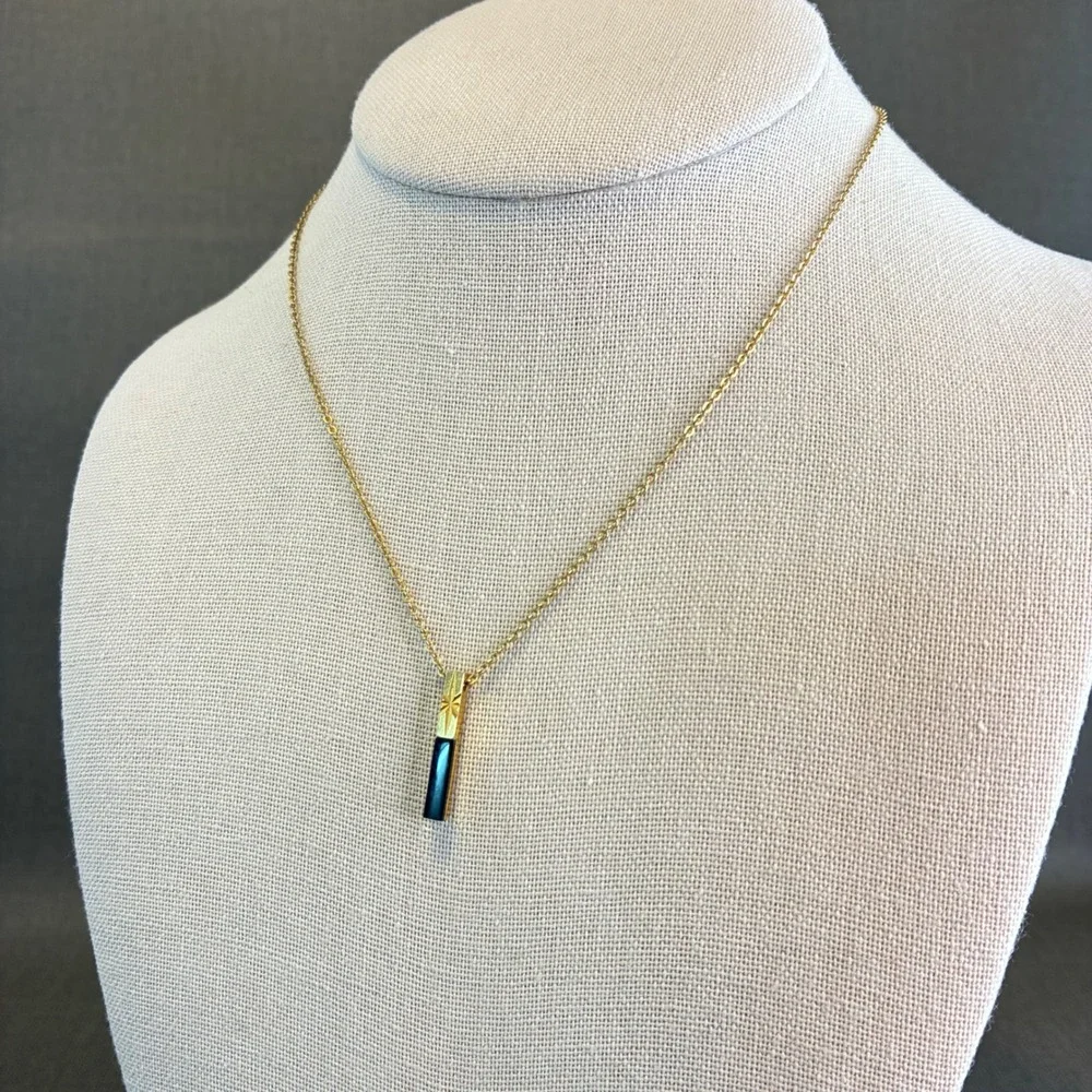 Vintage Gold Tone Necklace Black Bar Starburst Etched Pendant Mid Century Dainty